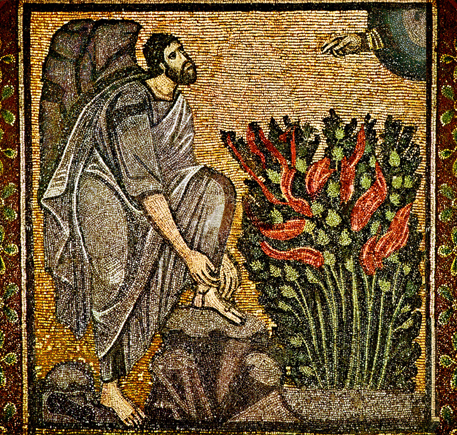 Mózes és az égő csipkebokor (mozaik, sínai Szt. Katalin-kolostor, 9. század)
